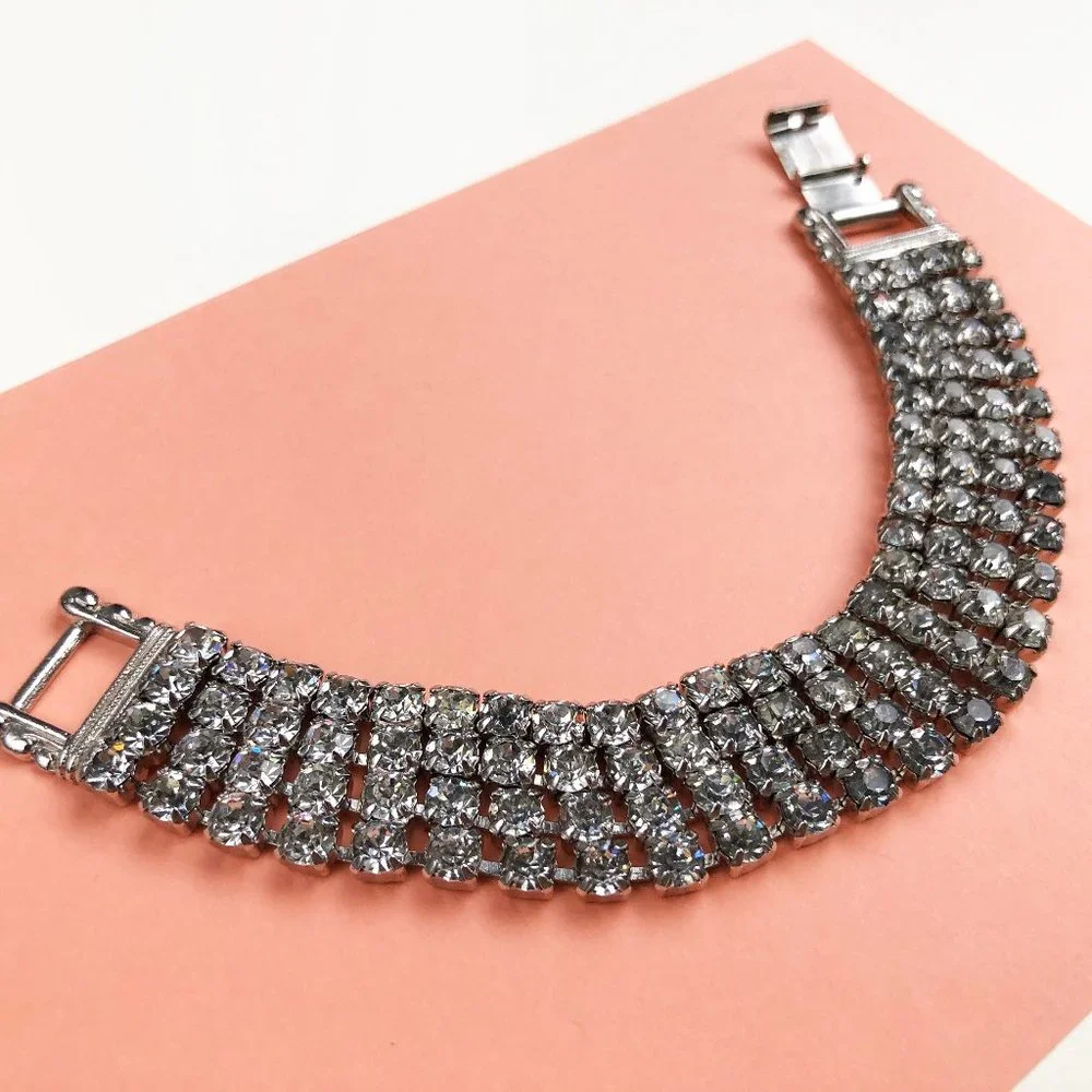 Wide rhinestone tennis bracelet, statement clear crystal bracelet 60s vintage